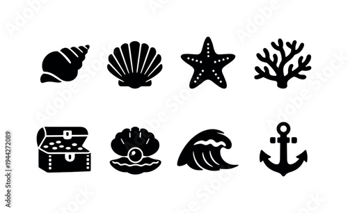 Ocean Treasures Pattern. Filled icon set of Ocean Treasures Pattern: conch shell, scallop shell, starfish,
