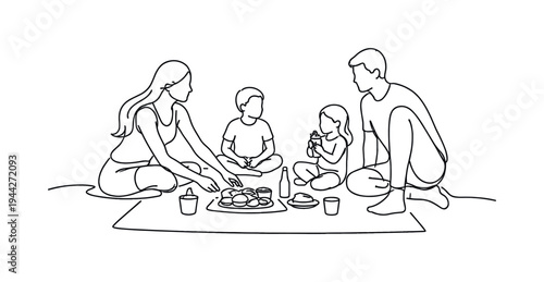 "Park Picnic Scene". Minimalistic one-line drawing family arranged around blanket with simple food shapes