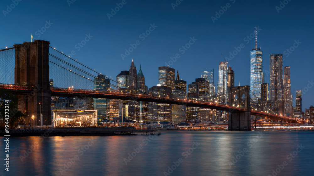 Obraz premium Brooklyn bridge Manhattan skyline dusk with glowing city lights and river reflection