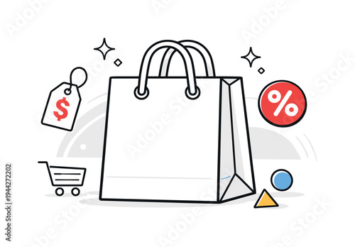 Shopping bag retail concept. A bold geometric shopping bag centered in composition, sturdy handles slightly