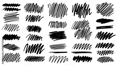 Various black scribbles and lines on white background create messy illustration