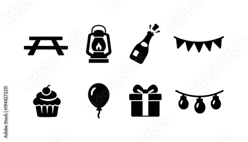 Outdoor Celebration. Filled icon set of Outdoor Celebration: picnic table, lantern, champagne bottle, party