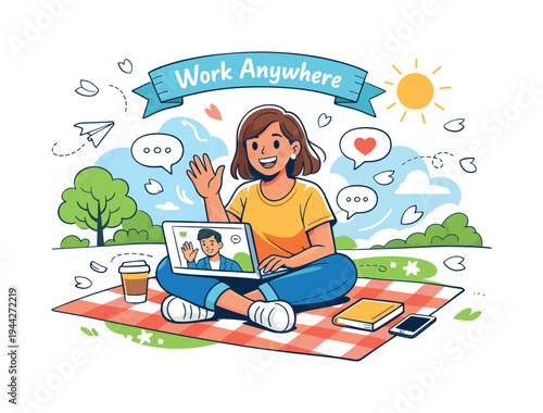 Video Call Outdoors. A person sitting on a picnic blanket in a sunny park, laptop open on their knees as they