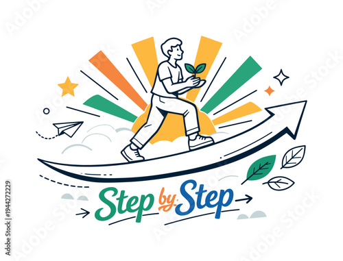 Self Development Journey. A figure stepping forward on a curved upward arrow, holding a small sprout in their