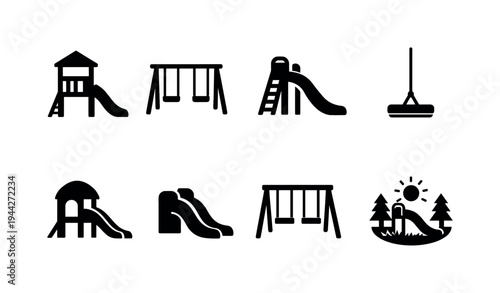 Outdoor play slide outline collection. Filled icon set of Outdoor play slide outline collection: slide tower