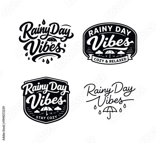 Rainy Day Vibes. Set lettering. 4 harmonious lettering variations of the same emblematic concept, each with