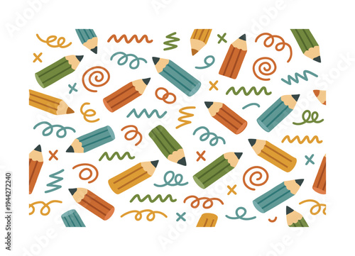Playful Pencils Pattern. colorful pencils and scribbles composition seamless pattern, repeating pattern,