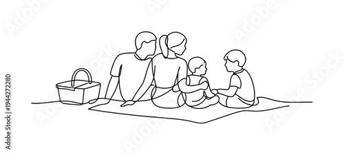 "Family Picnic". Minimalistic one-line drawing family sitting together on picnic blanket with simple basket