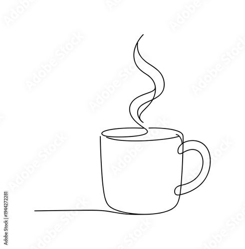 "Hot Drink Mug". Minimalistic one-line drawing steaming cup with smooth rounded rim and gentle steam swirl