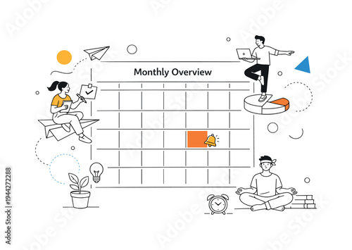 Productive Calendar Design. Monthly overview layout. A clean desktop calendar with neat grid lines, one square