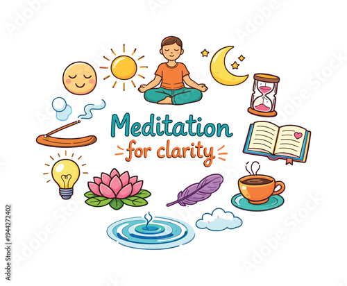 Meditation for clarity. Hand drawn illustration of Meditation for clarity. person in lotus pose, calm face