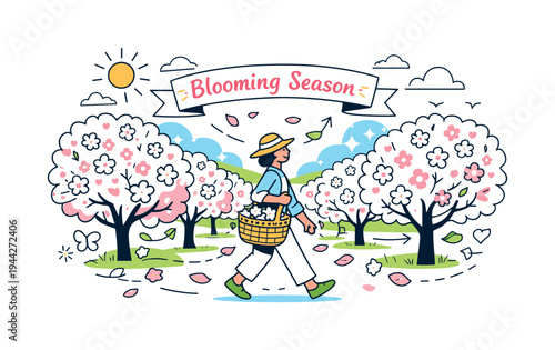 Orchard Blossoms. Rows of fruit trees covered in soft pink and white blossoms, petals drifting gently through