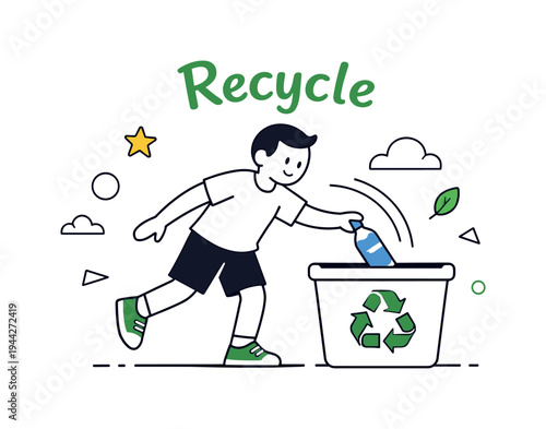 Sorting waste scene. A minimal character placing a bottle into a simple recycle bin, curved motion lines