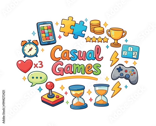 Casual Games. Hand drawn illustration of Casual Games. smartphone screen, puzzle pieces, coins, heart lives