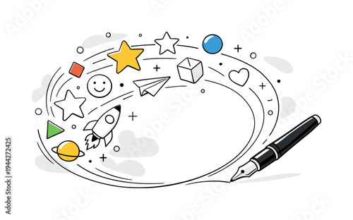 Creative doodle scene. A pen tip creating simple geometric stars and shapes in mid-air, curved motion lines