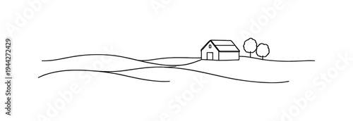 "Rural Meadow Scene". Minimalistic one-line drawing open field with distant barn and gentle flowing hill