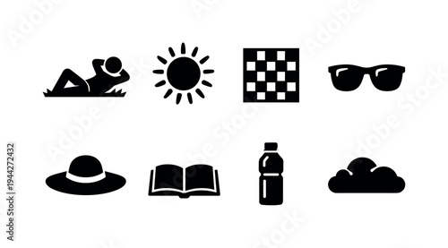 Sunbathing on Grass. Filled icon set of Sunbathing on Grass: person lying on grass, sun with rays, picnic