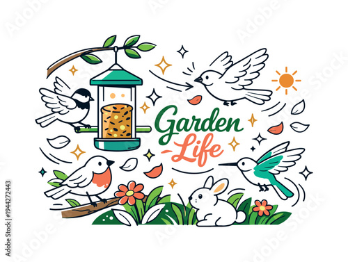 Backyard Wildlife Moment. A peaceful yard with a hanging feeder, birds landing and taking off while petals