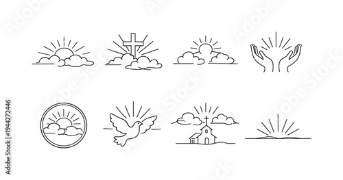 "Heavenly Sky Set". Minimalistic set one-line drawing radiant sky above clouds, cross with rays behind clouds,