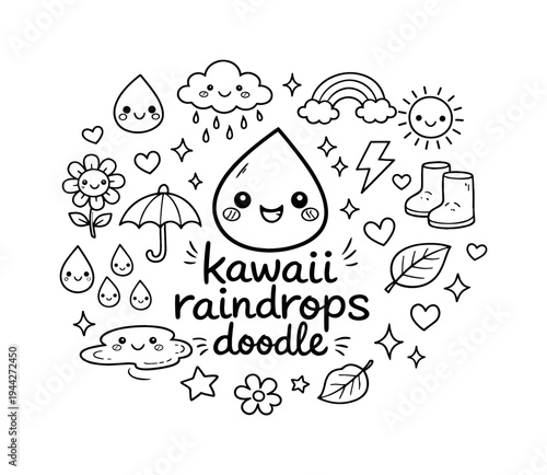 kawaii raindrops doodle. Hand-drawn doodle illustration of kawaii raindrops doodle. In the middle, one