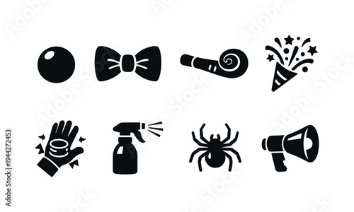 Comedy Props. Filled icon set of Comedy Props: clown nose, oversized bow tie, party horn, confetti burst,