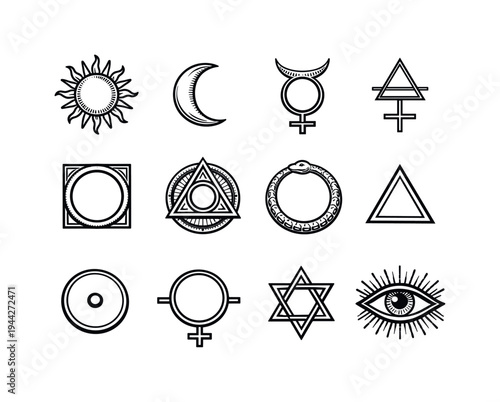 Vintage alchemy symbols engraving. Line outline icon set of Vintage alchemy symbols engraving: sun symbol,
