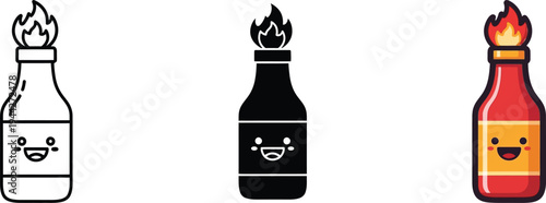 A set of three cartoon hot sauce bottles with flames and smiling faces, in black and white line art, solid black, and colorful versions.