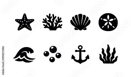 Ocean Starfish Pattern. Filled icon set of Ocean Starfish Pattern: starfish, coral reef, seashell, sand dollar