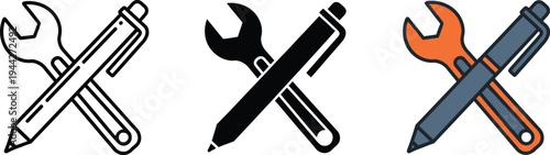 Vector graphic illustration of a wrench and pencil crossed together in three different styles and colors, showcasing a tool and writing instrument combination.