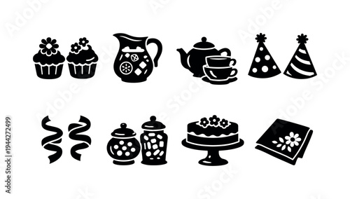 Spring Party Icons. Spring Party Accessories. Filled icon set of Spring Party Accessories: cupcakes with