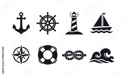 Nautical Marine Pattern. Filled icon set of Nautical Marine Pattern: anchor, ship wheel, lighthouse, sailboat,