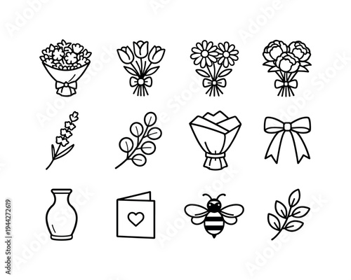 spring flower bouquet. Line outline icon set of spring flower bouquet: mixed bouquet, tulip, daisy, peony,