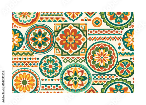 retro ornamental ceramic medallions seamless pattern, repeating pattern, surface design, textile print, large