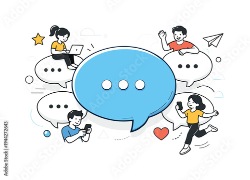 Chat bubble communication concept. A large rounded chat bubble centered in composition, smaller bubbles