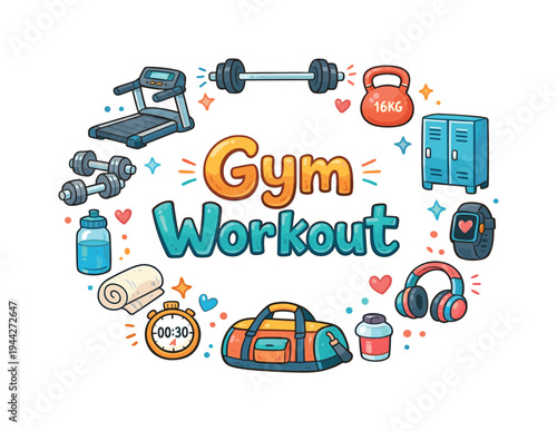 Gym Workout. Hand drawn illustration of Gym Workout. treadmill, barbell, dumbbells, bench press, kettlebell,