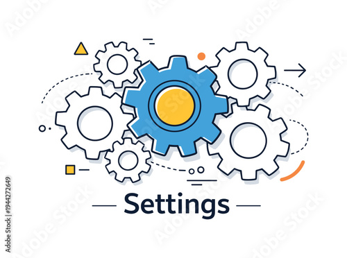 Automation concept. Multiple overlapping gears arranged in a balanced layout, one slightly larger and