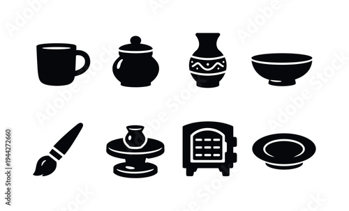 Handmade Ceramics. Filled icon set of Handmade Ceramics: ceramic mug, clay pot, decorative vase, pottery bowl,