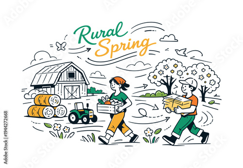 Spring Farm Landscape. A spacious countryside scene with a wooden barn beside blooming trees, a small tractor