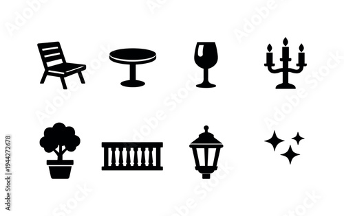 Garden Terrace Setup. Filled icon set of Garden Terrace Setup: terrace chair, round table, wine glass, candle