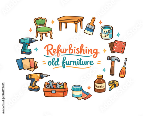 Refurbishing old furniture. Hand drawn illustration of Refurbishing old furniture. vintage chair, wooden table
