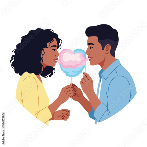 Couple Sharing Heart Shaped Cotton Candy.