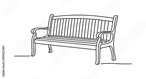 "Empty Garden Bench". Minimalistic one-line drawing classic outdoor bench with curved armrests and subtle
