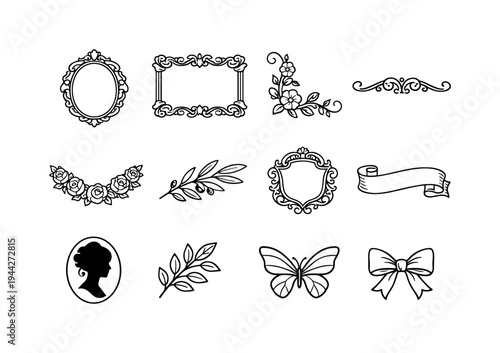 antique floral frames. Line outline icon set of antique floral frames: oval medallion frame, baroque border,