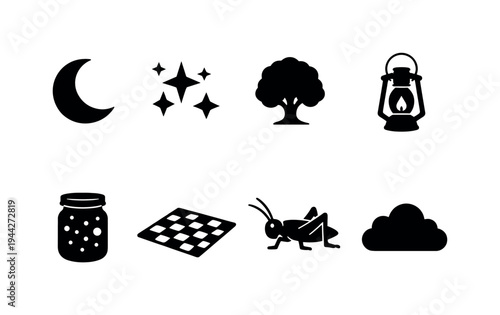 Summer Night. Filled icon set of Summer Night: crescent moon, stars cluster, tree silhouette, lantern, jar
