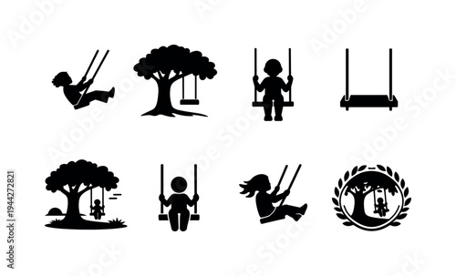 Playground tree swing contour drawing. Filled icon set of Playground tree swing contour drawing: kid swinging