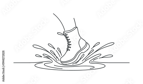 "Jumping in Puddle". Minimalistic one-line drawing boot landing in shallow puddle with dynamic splash lines