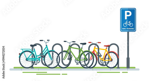 A row of colorful bicycles parked at a dedicated bike parking area