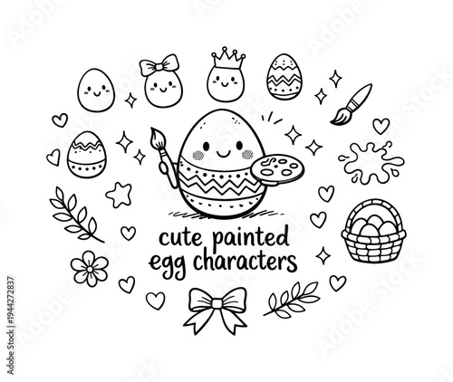cute painted egg characters. Hand-drawn doodle illustration of cute painted egg characters. In the middle, one