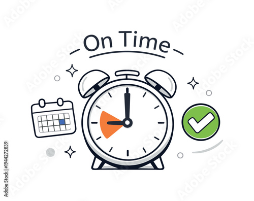 Time management symbol. A clean round alarm clock with one highlighted hour mark, small calendar and checkmark