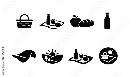 Modern single line spring outing set. Filled icon set of Modern single line spring outing set: one line wicker